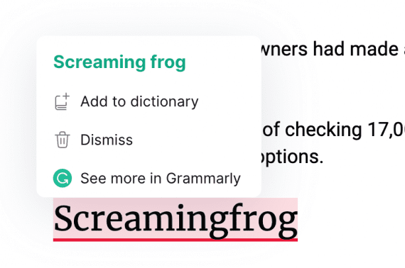 Screamingfrog için Grammarly arayüzünün ekran görüntüsü.