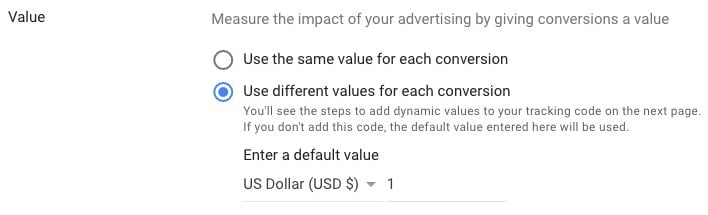 Google Ads'in dönüşüm değerlerine ilişkin ayarlarının ekran görüntüsü