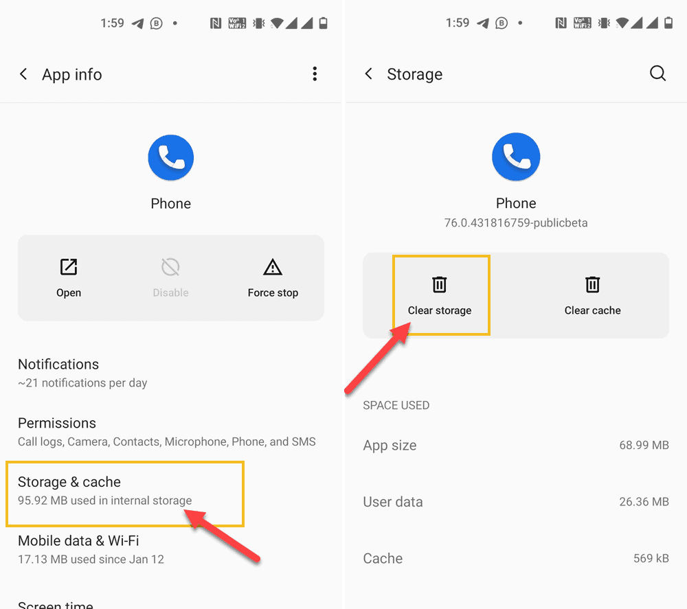 Google Telefon uygulamasının Verilerini Temizle