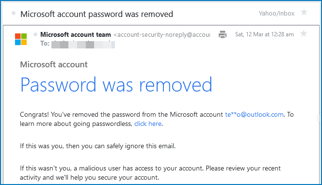 Microsoft hesapları ekibinden parola kaldırma onay e-postası