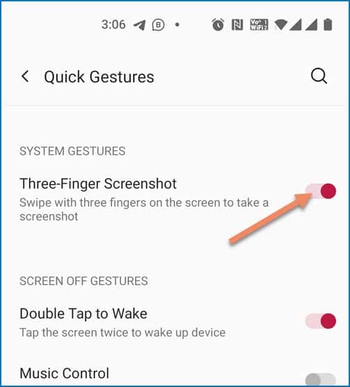 OnePlus Gesture ayarlarında Üç Parmak ekran görüntüsünü etkinleştirin
