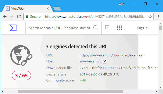 VirusTotal, yalnızca 3/65 motorunun bir tür kötü amaçlı yazılım tespit etmesiyle sonuçlanır.