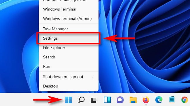 Windows 11'de Başlat düğmesine sağ tıklayın ve Ayarları seçin.