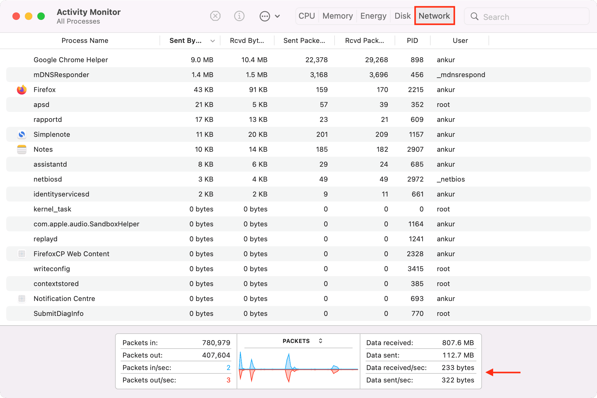 Mac'te Activity Monitor'de alınan ağ verileri