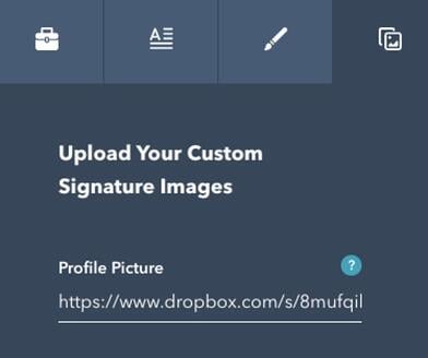 Özel imza resimlerinizi yüklemek için HubSpot Email Signature Maker sekmesi.