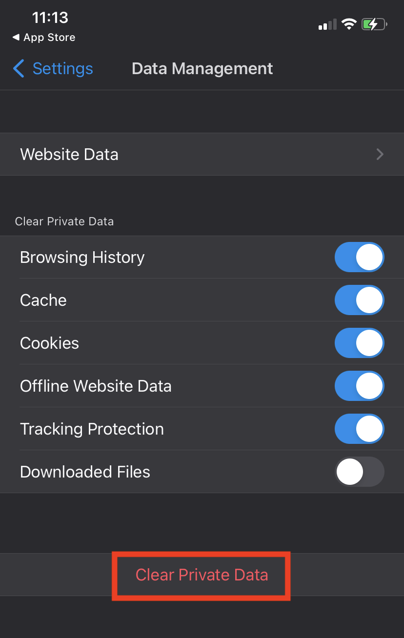 iOS ayarları için Firefox'un Veri Yönetimi sayfası, özel verileri temizle düğmesi vurgulanmıştır.