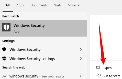 Başlat menüsü aramasına Windows Güvenliği yazın, ardından Açı tıklayın veya Enter'a basın.