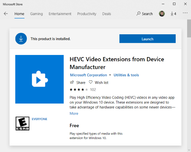 Microsoft Mağazasında Ücretsiz HEVC Video Uzantıları.
