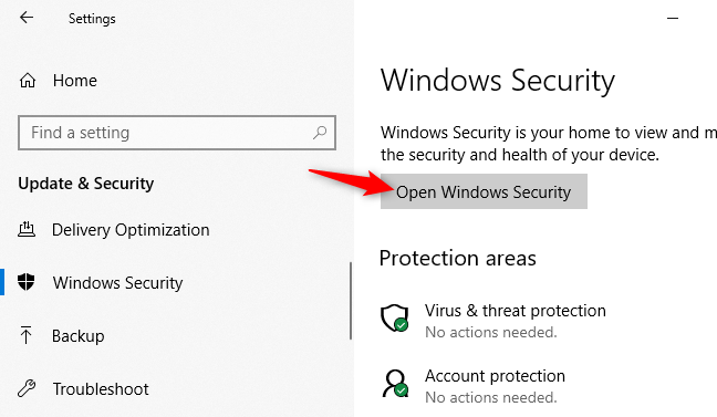 Windows 10'un Ayarlarından Windows Güvenlik uygulamasını açma.