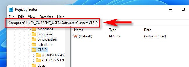 Windows 11'de Kayıt Defteri Düzenleyicisi'nde doğru anahtara gidin.