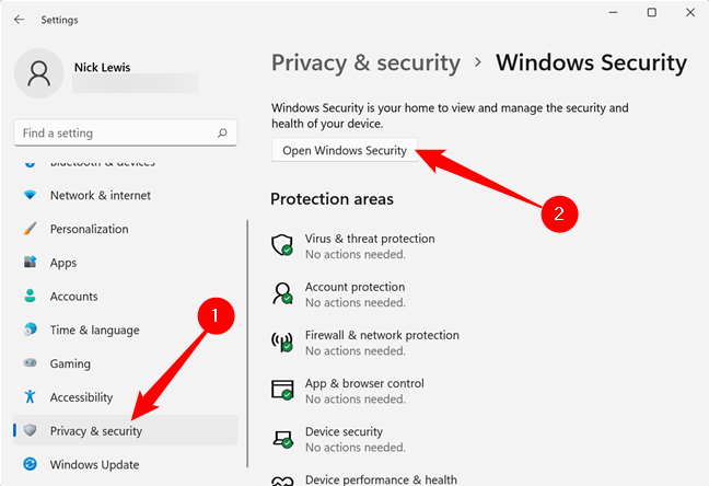 Gizlilik ve Güvenliki ve ardından Windows Güvenliğini Açı seçin.